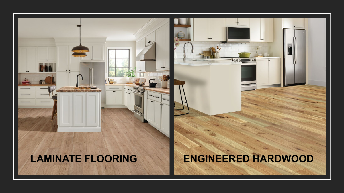Comparison image of two kitchens one with laminate flooring and the other with engineered hardwood