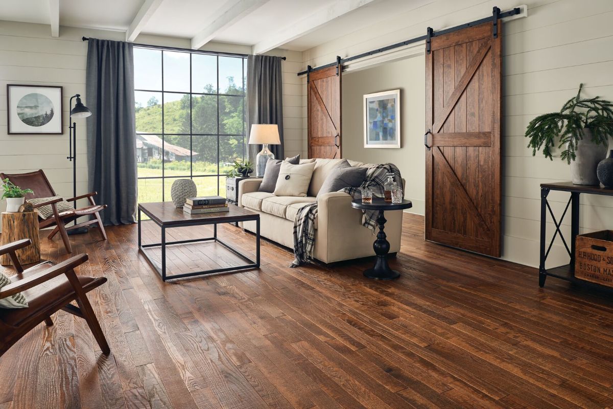 Distressed solid oak flooring in a seating area